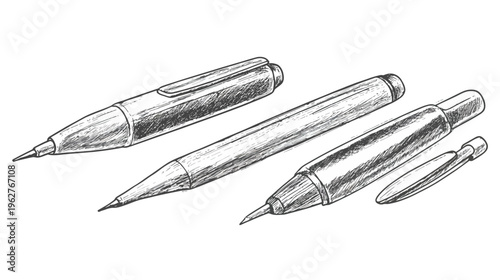 Line drawing of various writing instruments, including ballpoint pens and a mechanical pencil