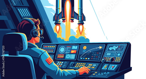 Astronaut in Control Room Monitoring Rocket Launch.