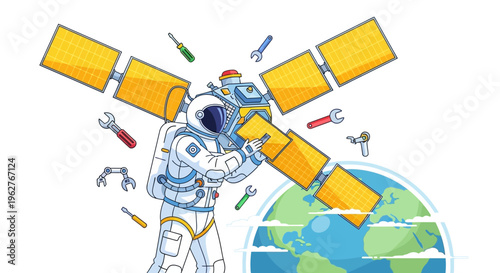 Astronaut repairing satellite in outer space above Earth.