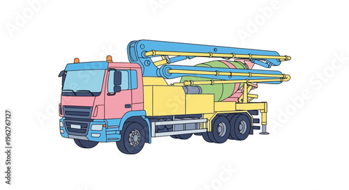 Large colorful concrete pump truck vehicle.
