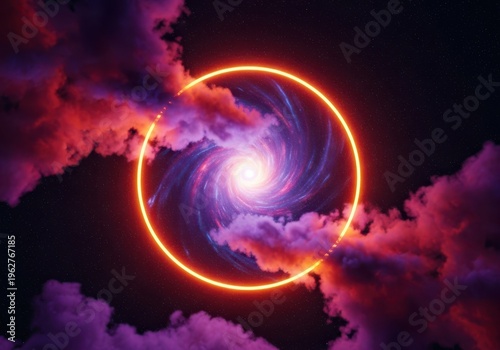 Vibrant swirling galaxy with nebula clouds and a glowing orange ring in deep space