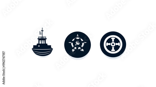 Three nautical icons a boat, a circular emblem with a torch, and a ship's wheel