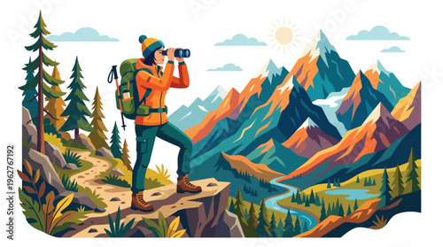 Adventurous hiker with backpack observing distant mountains through binoculars.