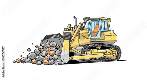 Bulldozer pushing rocks and debris.