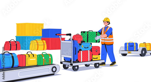 Airport worker loading luggage onto cart for transport.