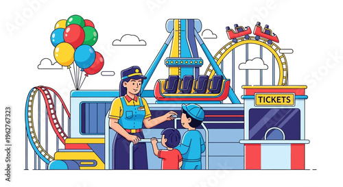 Amusement Park Ticket Seller Interacting with Visitors.