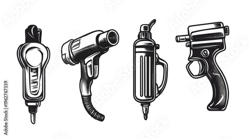 Four stylized illustrations of tools in black and white, likely related to mechanics or manufacturing