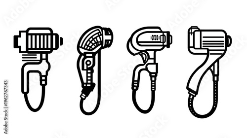 Four stylized illustrations of hand-held spray tools depicted in a simple, bold black outline