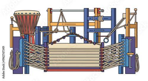 Ancient Loom Machine with Drum Illustration.