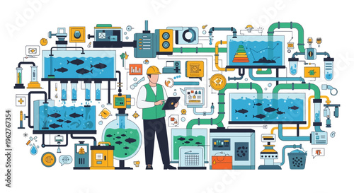 Aquaculture Farm Technician Monitoring Fish Tanks System.