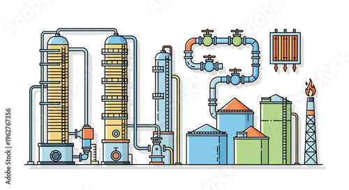 Industrial factory with smokestack and pipes.