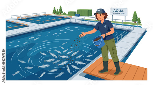 Aquaculture worker feeding fish in a pond.