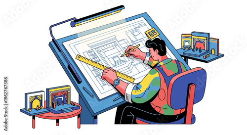 Architect drawing blueprints on a large drafting table.