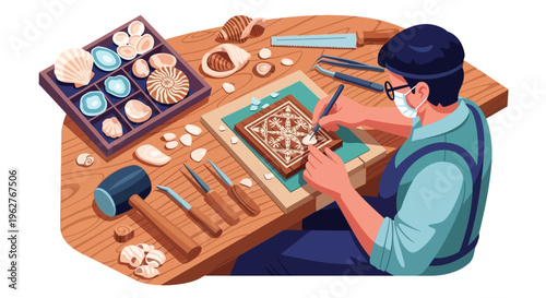 Artisan meticulously crafting intricate design with tools.