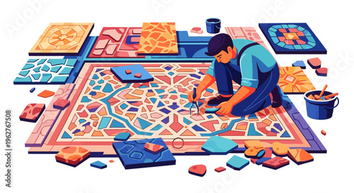 Artisan meticulously crafting a vibrant mosaic artwork.