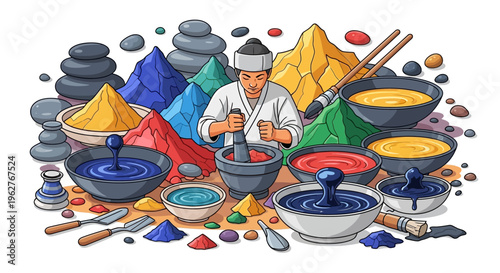 Artisan meticulously grinding pigments for vibrant colors.