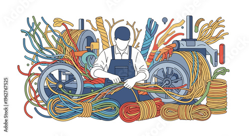Artisan skillfully weaving colorful ropes with precision.