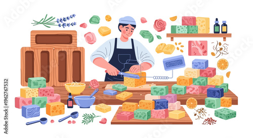 Artisan soap maker carefully crafting bars with precision.