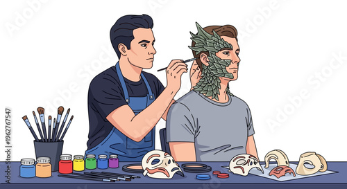 Artist applying intricate face paint to a model.