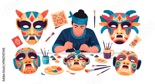 Artist creating colorful tribal masks with intricate designs.