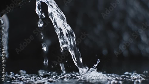 A stream of clear water cascades and splashes against a dark background