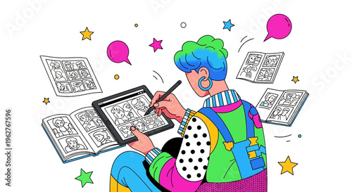 Artist creating comic book panels on a digital tablet.