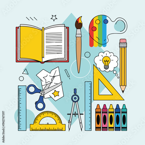 Colorful illustrated collection of educational and artistic supplies