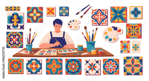 Artist painting colorful decorative tiles with brushes and paints.