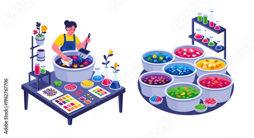 Artistic person creating colorful dyes in a workshop setting.