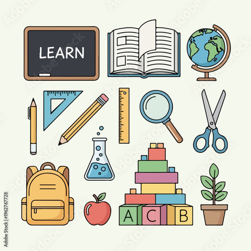 Colorful illustrated collection of various educational tools and objects