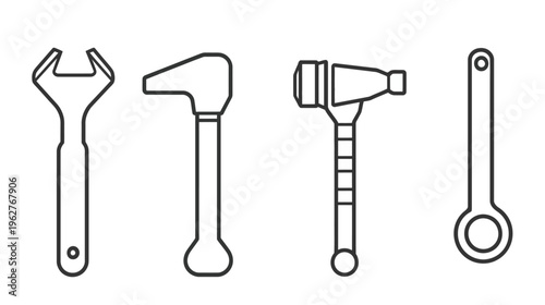 A collection of four simple line drawings of various tools on a plain white background