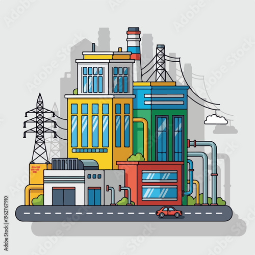 Colorful illustrated factory with chimneys, car, and power lines on the road