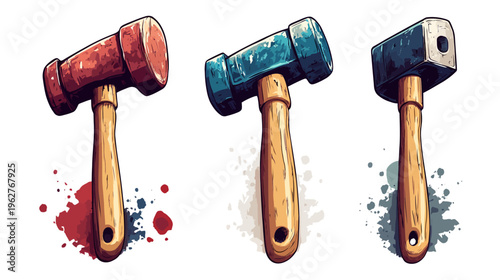 Three colorful mallet illustrations, each showcasing a different color head with wooden handle and ink splatters