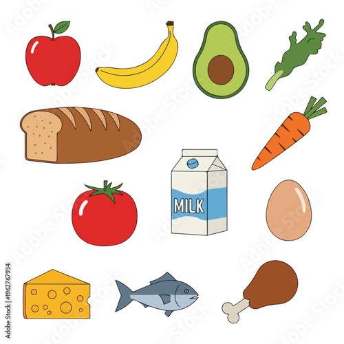 Colorful illustrated food items, including fruit, veggies, dairy, and protein