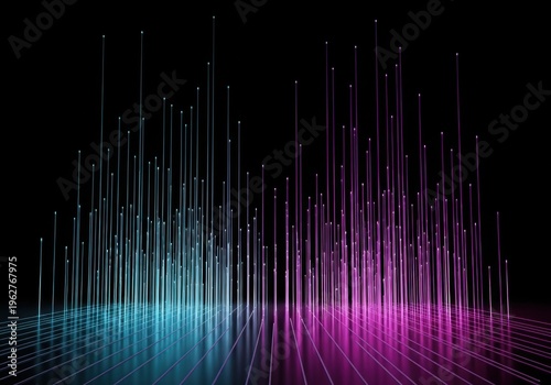 Abstract digital network of glowing lines and particles in blue and purple hues against a dark background, representing data flow