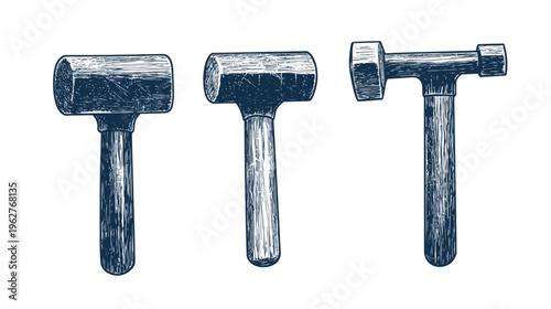 Three hand-drawn illustrations of mallets in various angles against a white background