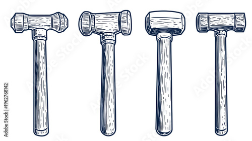 A four-hammer illustration, each with a different head shape, creating a visual display