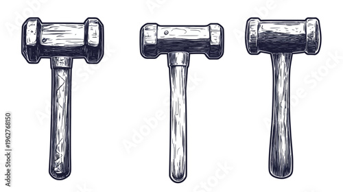 Three hand-drawn illustrations of mallets in a grayscale style with visible wood grain and construction