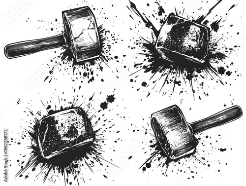 A grayscale, ink-splattered graphic depicting a hammer with different perspectives on white backdrop