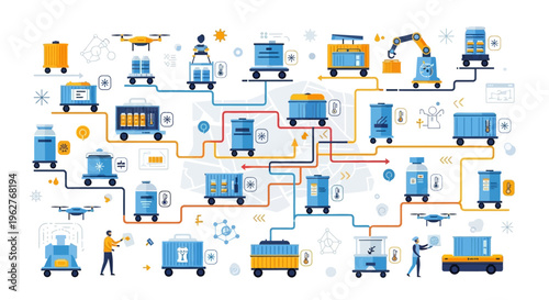 Automated Logistics and Smart Warehouse Network Illustration.