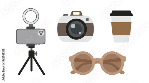 A collection of modern lifestyle and content creation essentials including a smartphone with ring light, camera, coffee cup, and sunglasses.