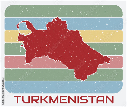Turkmenistan vintage logo. Shape of the country on retro colored stripes background. Turkmenistan map design with grunge scratch texture. Vector illustration.
