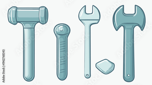 A cartoon illustration of several construction tools, including a hammer, wrench, and other implements