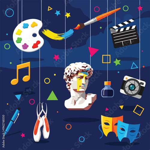 Colorful illustrated image featuring various art forms and objects