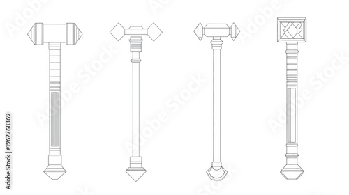 Four stylized renderings of ornate war hammers, each with a different head and base design