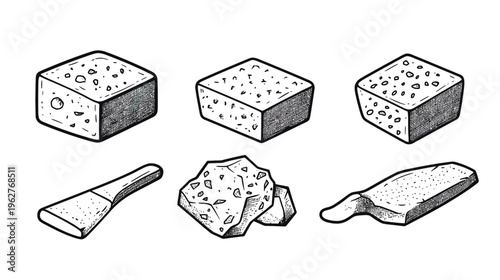 Hand-drawn illustrations of different textured shapes, cubes, and other forms, black and white