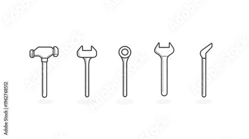 A row of hand-drawn tools, including a hammer, wrenches, and a pry bar