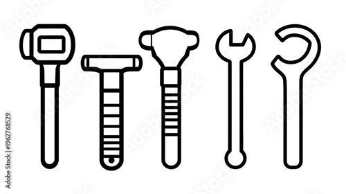 Linear illustration of different tools, including hammers and wrenches. White background