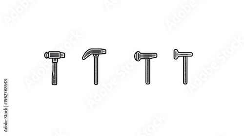 Four black and white hand-drawn hammers of different designs, all with black outlines