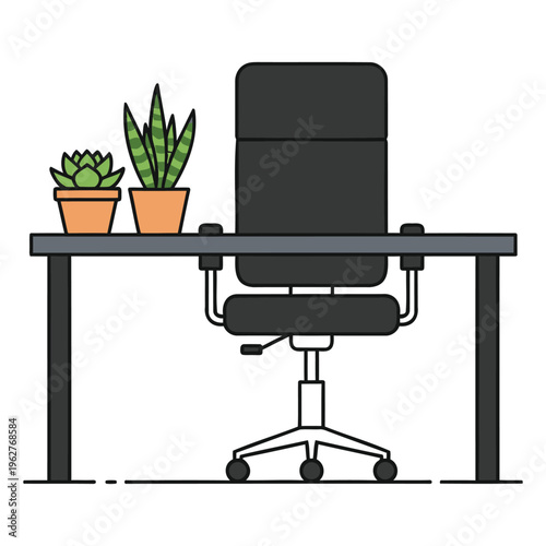 Office desk with black chair and potted plants on white background
